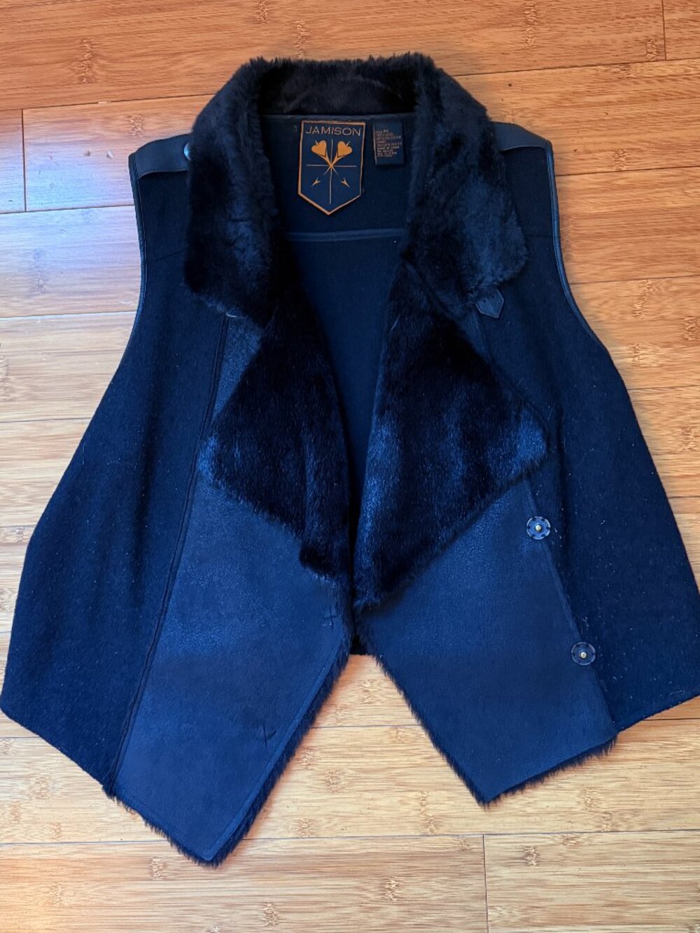 Jamison Navy Wool Blend Faux Fur Trim Button Vest Medium